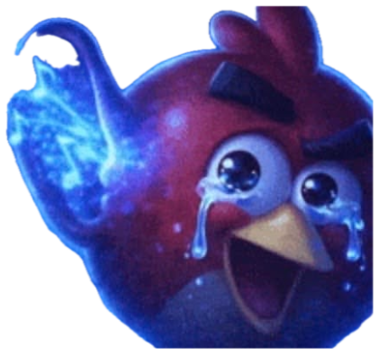 Angry Bird crying in space while music notes float around — deeply emotional sticker