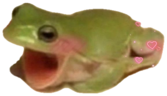 Happy green frog with wide open mouth surrounded by pink heart stickers and sparkles sticker