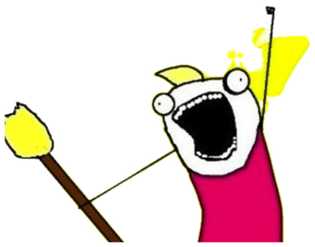 X All The Things meme character screaming with arms raised on a yellow burst background sticker