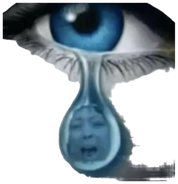 A tiny screaming, crying face trapped inside a single teardrop falling from a blue eye sticker
