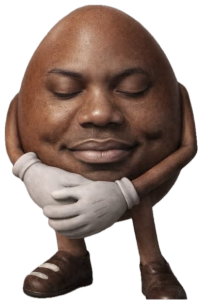 Egg-bodied character resting its chin on gloved hands with a smug, blissful smile sticker