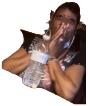 Woman clutching a water bottle with a hand over her mouth, wide-eyed in disbelief sticker