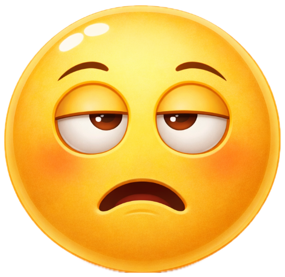3D emoji face with half-closed eyes and a downturned mouth, radiating pure exhaustion sticker