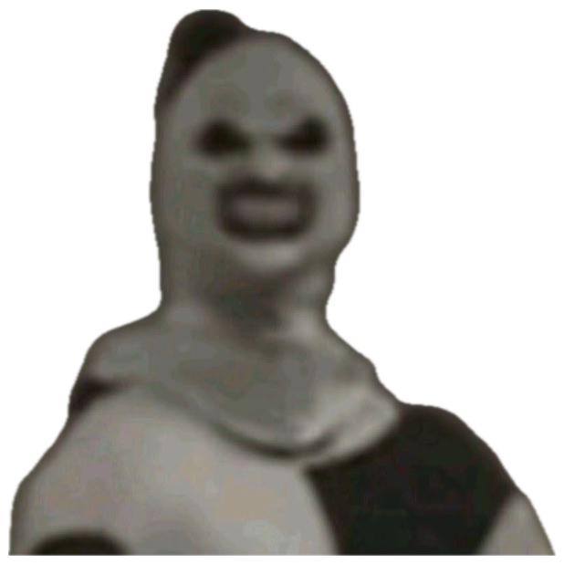 Grainy figure in a pale mask grinning eerily straight at the camera sticker
