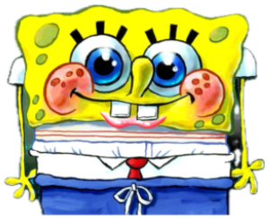 SpongeBob smiling awkwardly in the foreground while a terrifying screaming figure looms behind him sticker