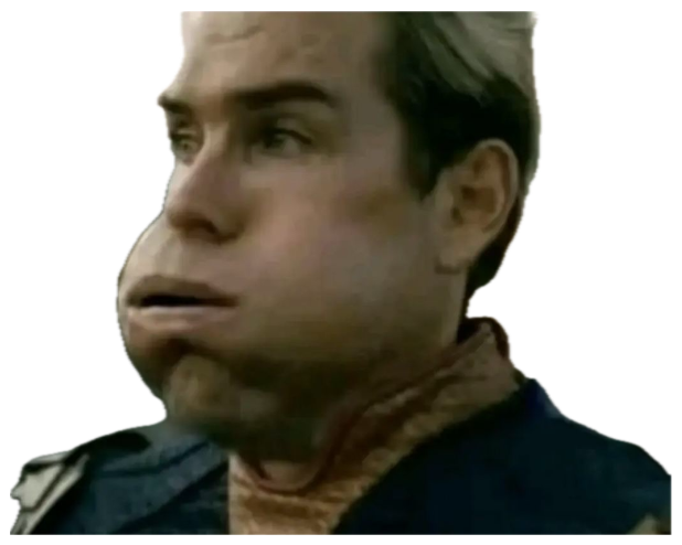 Man with a comically squished, distorted face giving a puzzled sideways look sticker