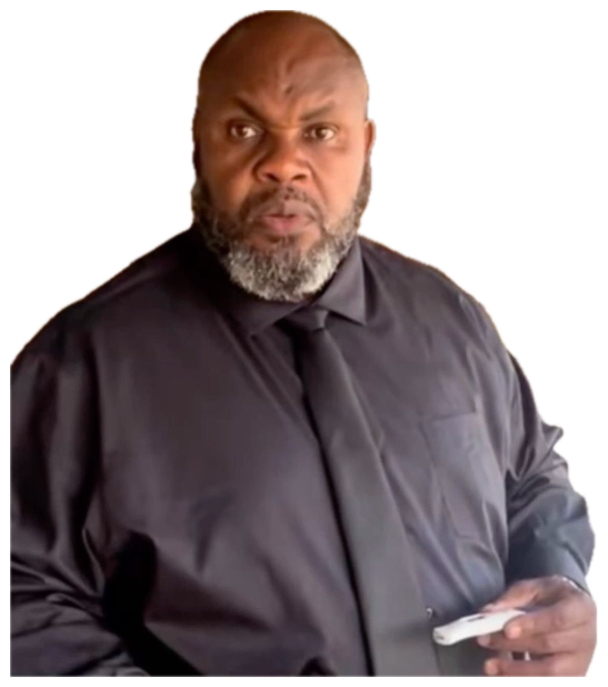 Bald bearded man in a black shirt scowling intensely with a phone in his hand sticker