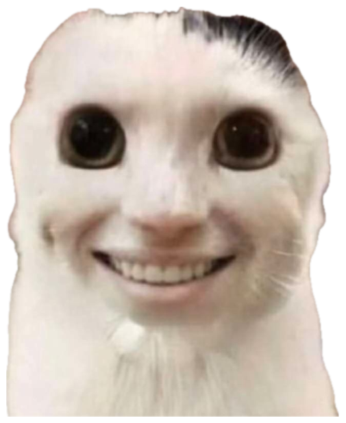 White cat with a humanlike face filter — big dark eyes and a wide human-teeth smile — deeply unsettling sticker