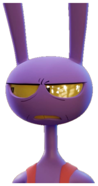 Grumpy purple cartoon rabbit in a courtroom with a sour, unimpressed frown sticker