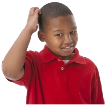 Young boy in a red polo scratching his head and grinning, completely stumped sticker