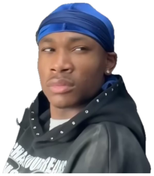 Young man in a blue durag leaning back in a car seat with a skeptical side-eye sticker