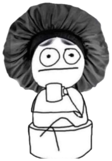 Crude doodle in a bonnet sipping a mug with a wide, blank stare sticker