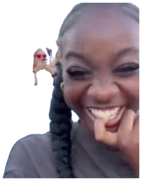 Girl in stadium seats cracking up with her hand on her chin sticker