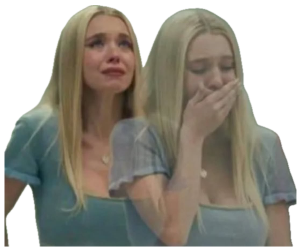 Two blonde girls in matching blue dresses tearing up, one covering her mouth in shock sticker