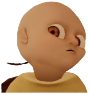 3D-animated bald baby character glancing sideways with a skeptical look sticker