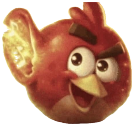 Red from Angry Birds cupping his ear toward a sparkle of music notes with a knowing smile sticker