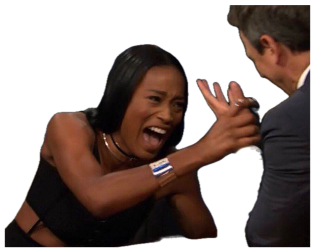 Woman on a talk show mouth wide open screaming with excitement and grabbing the host's hand sticker