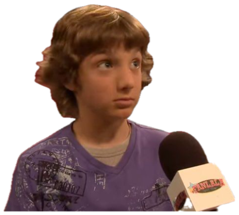 Kid in a purple shirt giving a skeptical side-eye during a hallway interview sticker