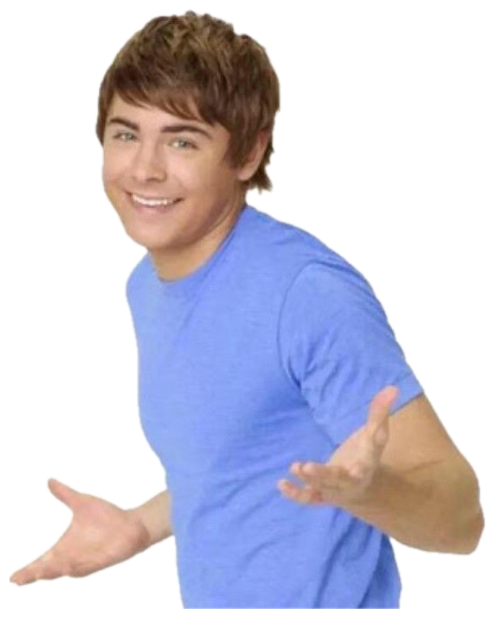 Young man in a blue tee grinning and gesturing with both open hands like 'ta-da' sticker