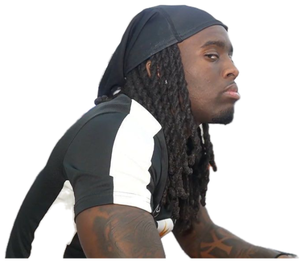 Man with locs leaning forward with a flat, unimpressed stare straight ahead sticker