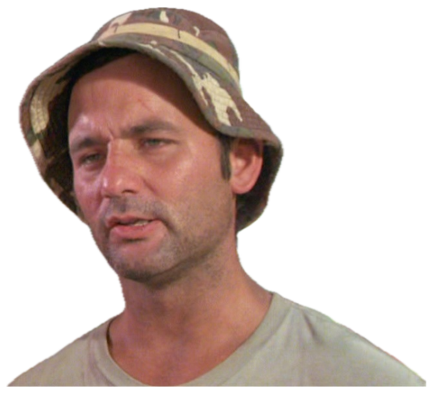 Bill Murray in a bucket hat squinting with dry skepticism at something off-camera sticker