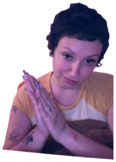 Tattooed woman pressing hands together with a sly smile, looking straight at camera sticker