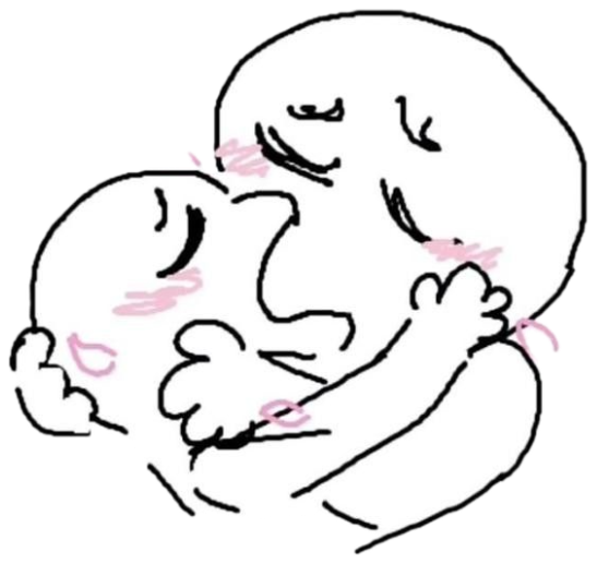 Two doodle figures hugging tight with blushing cheeks and falling petals sticker