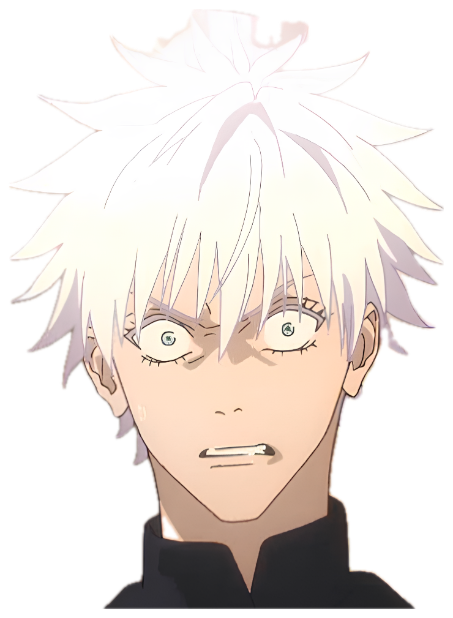 White-haired anime character with wide shocked eyes and clenched teeth in a city setting sticker