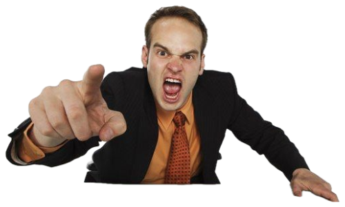 Man in business suit leaning over a desk, furiously pointing and screaming at the camera sticker