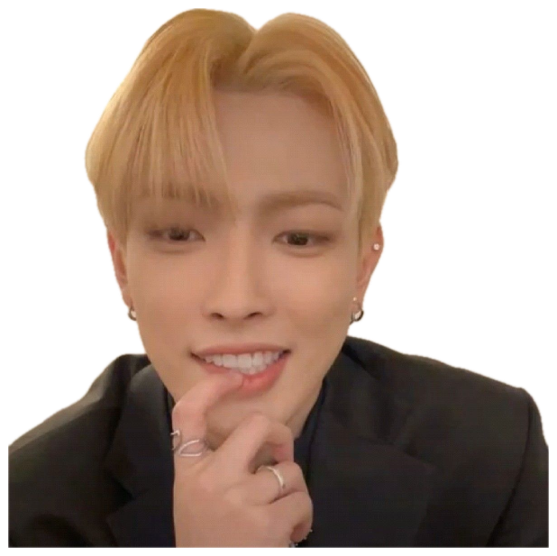 Blond idol in a black blazer biting back a bashful grin with a finger at his lip sticker