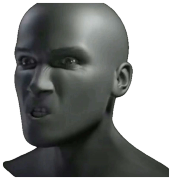 Low-poly grey CGI head snarling with a disgusted, angry grimace sticker