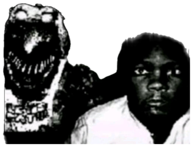 A grainy dark photo of a person beside a shadowy screaming creature sticker