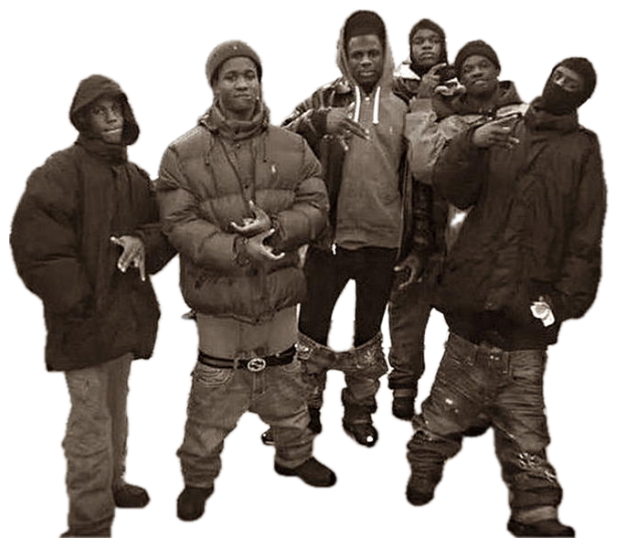 A group of young men in winter coats posing and throwing hand signs in a corner shop sticker