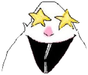 Minimalist blob character grinning wide with gold star eyes, thoroughly delighted sticker