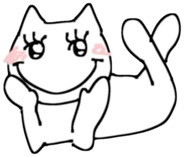 Minimalist line-art cartoon cat lounging with a blushing smile and sparkling eyes sticker