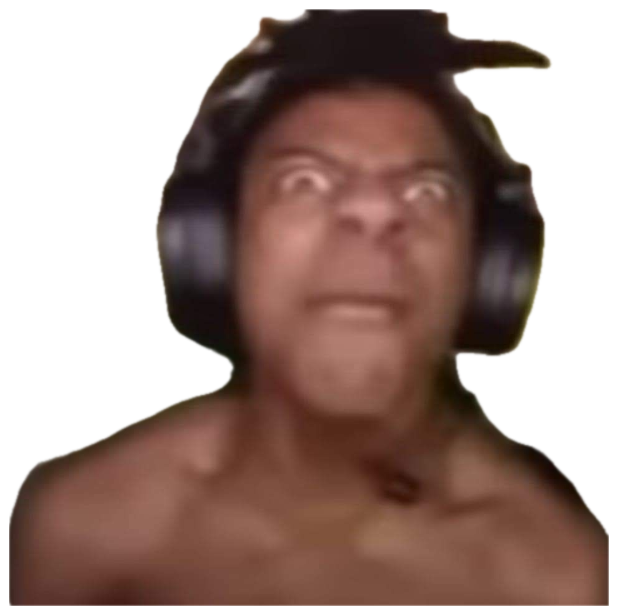 Blurry shirtless man in headphones scowling intensely into his webcam sticker