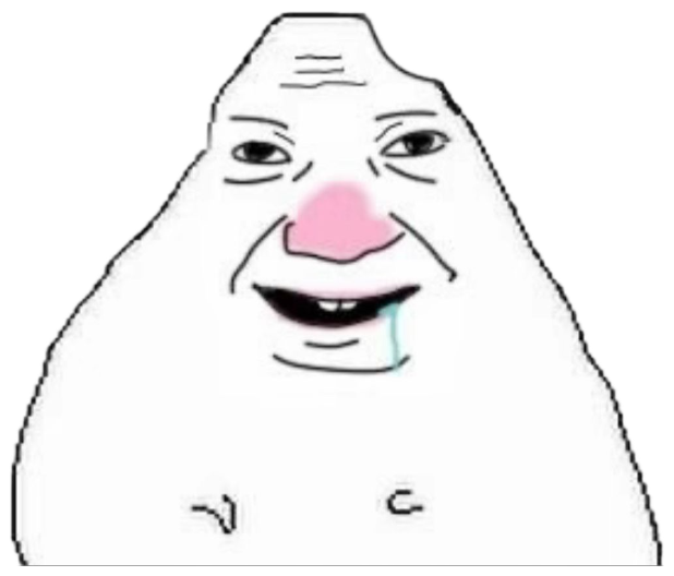 Drooling brainlet wojak grinning with a big pink nose and dead eyes sticker