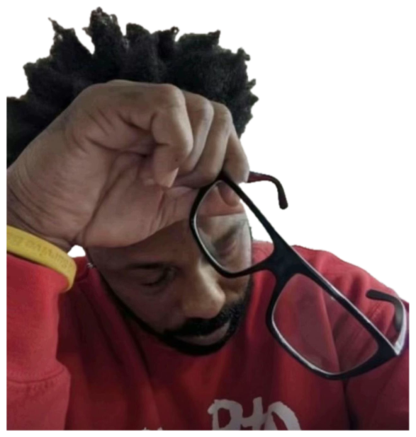 Man in a red shirt lowering his glasses and rubbing his eyes, completely worn out sticker