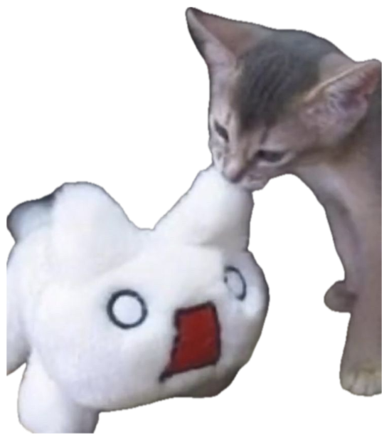 Grey kitten sniffing a white anime plush toy with laser-focused side-eye sticker