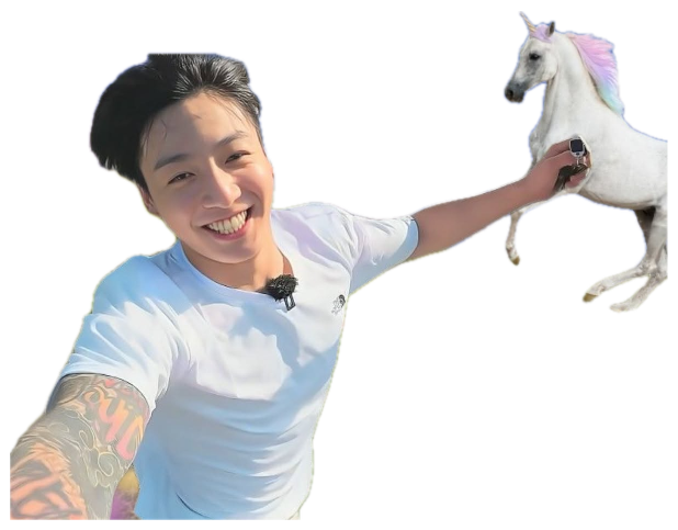Smiling young man holding a unicorn in a fantasy meadow with rainbows and sparkles sticker