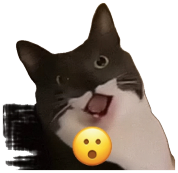Tuxedo cat caught mid-yowl with a shocked-face emoji slapped over its chest sticker