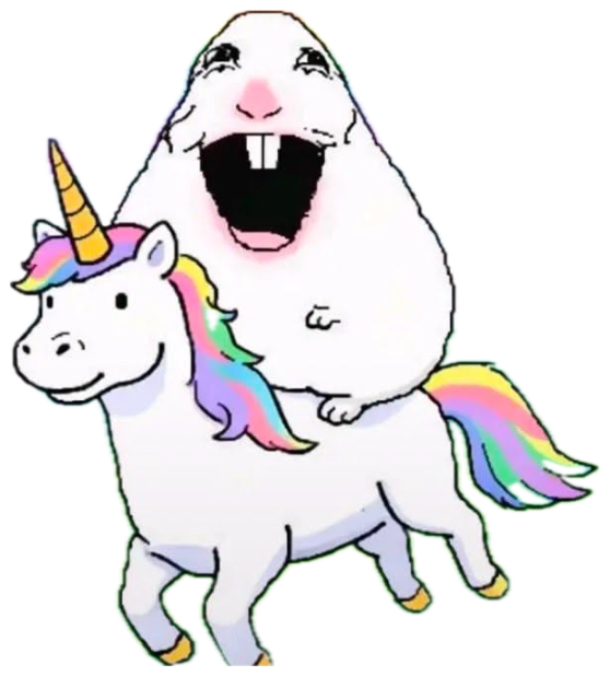 Pear-shaped cartoon creature riding a unicorn under a rainbow, mouth wide open in joy sticker