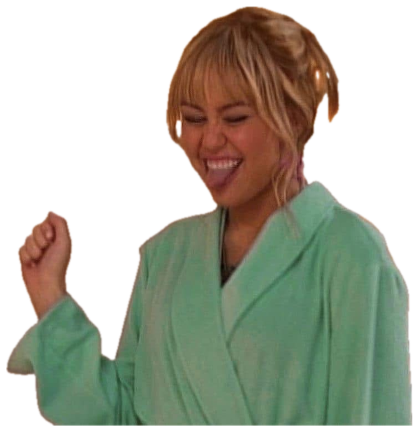 Blonde woman in a mint green robe pumping her fist and laughing with pure joy sticker