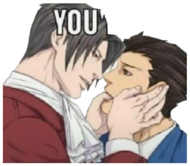 Anime guy grabbing another's face up close, captioned only 'YOU'RE*' sticker