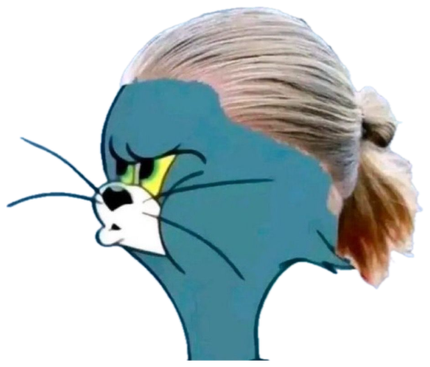 Tom the cat with a slicked-back blonde ponytail edit, glowering in profile sticker