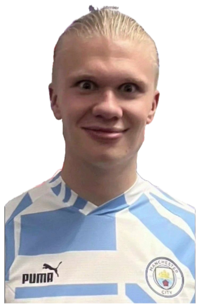 Erling Haaland in a Man City interview flashing a wide, goofy tight-lipped grin sticker