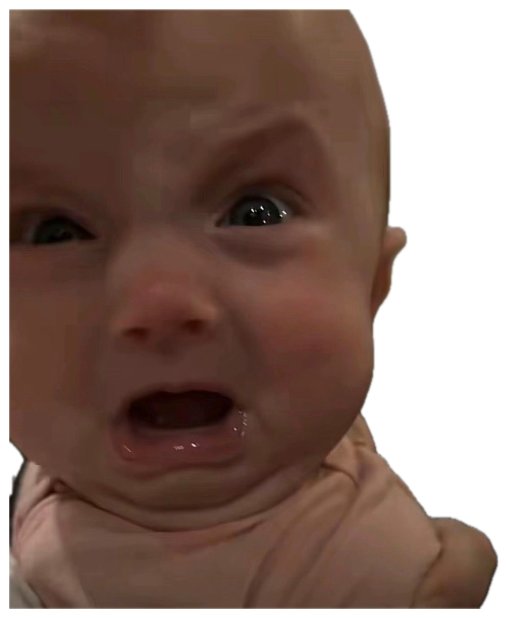 Close-up of a baby mid-cry with a terrified, teary face sticker