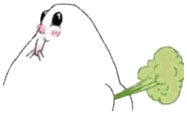 Cute cartoon blob creature recoiling in disgust from a piece of broccoli sticker