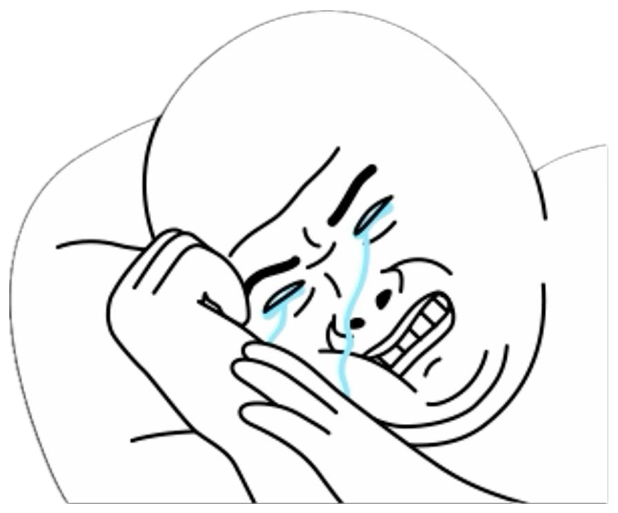 A cartoon face sobbing dramatically into a phone with tears streaming and teeth gritted sticker