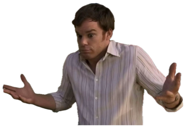 Man in a striped shirt shrugging with both palms out in a total 'what do you want from me' pose sticker